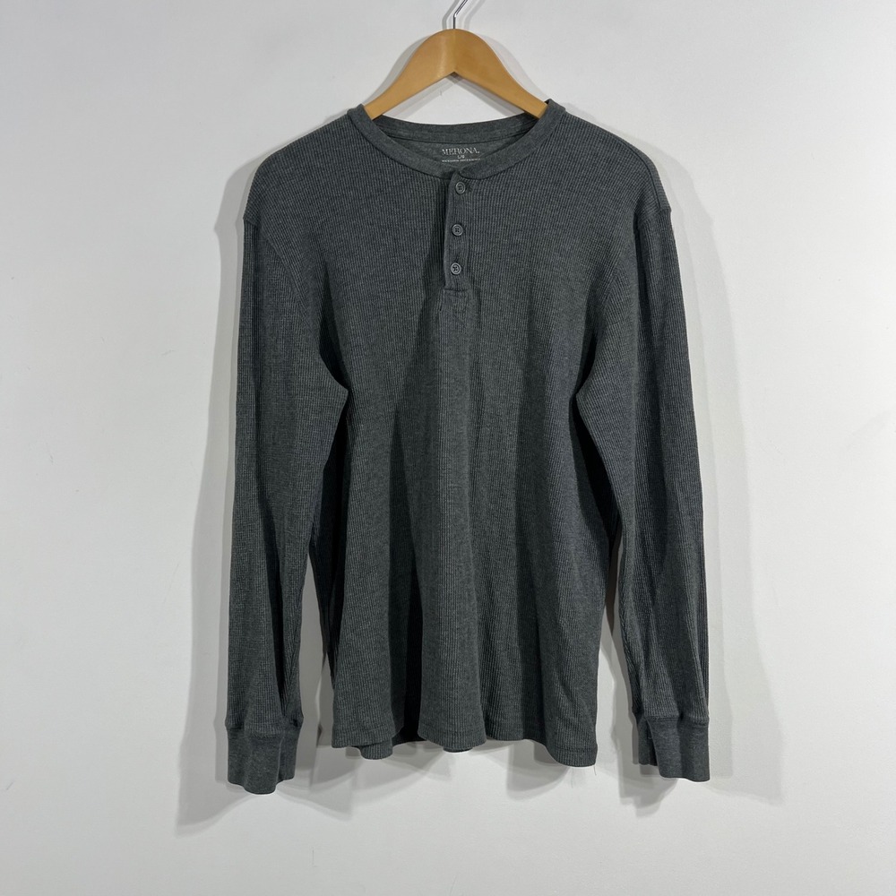 Merona Y2K Granola Gray Long Sleeve Henley Waffle Knit Thermal Shirt Charcoal L
